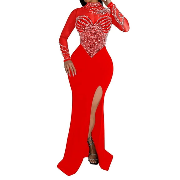Elegant Solid Color Mesh Rhinestone Slit Maxi Dress For Women Stylish Party And Evening Wear Dresses for Party Night Formal Gowns A Line Long Formal Dresses Formal Dresses for Wedding Guest Fall Tummy