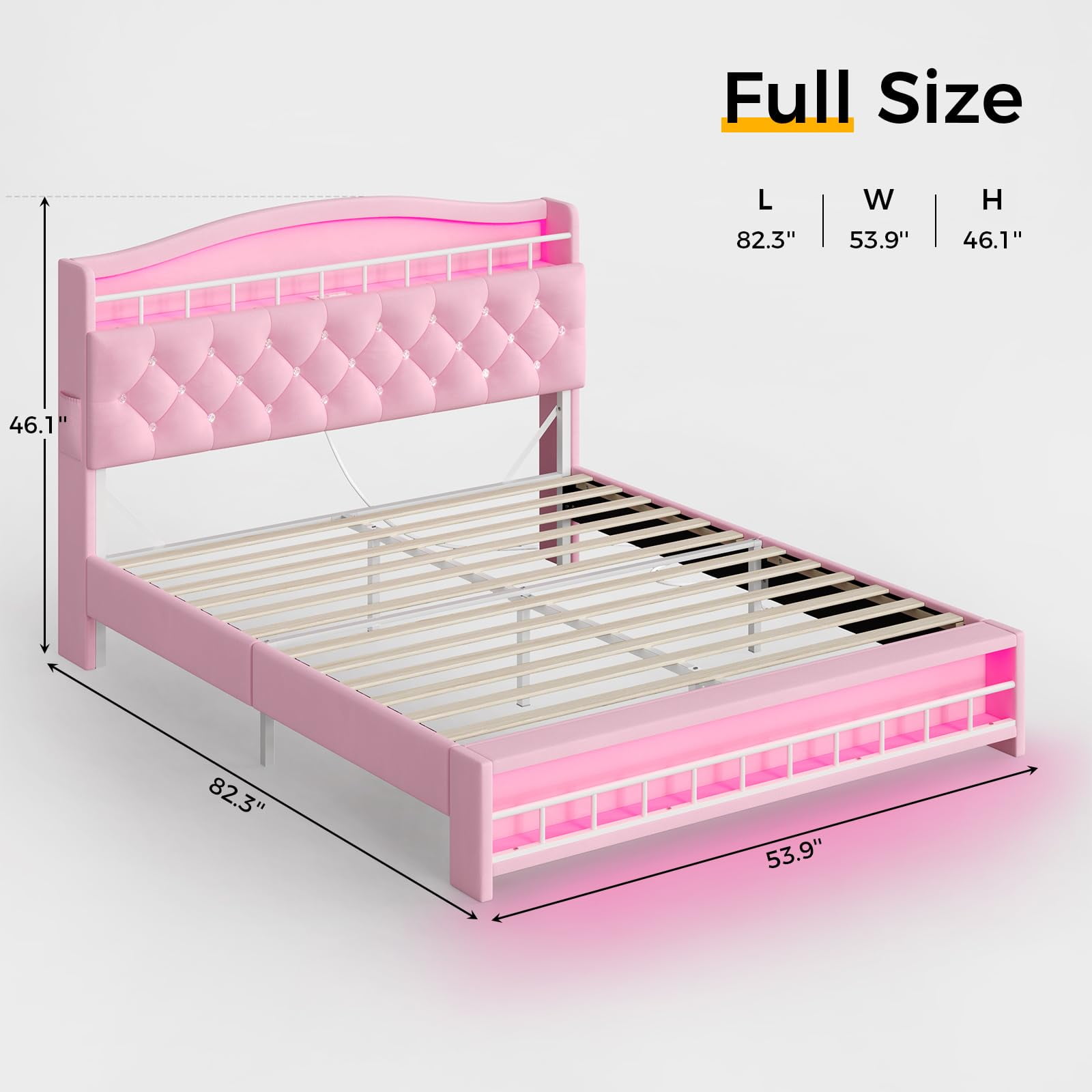 Afuhokles Full Size Bed with LED Lights and Charging Station, Upholstered Bed Frame with Hidden Storage Headborad, Sturdy Platform Bed, Pink