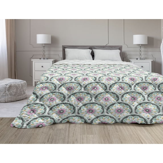 Floral Down Alternative Comforter, Classic Style Contoured Poppy Bloom Bouquets Medieval Shabby Pattern, Microfiber Quilt for All Season, 5 Sizes, Charcoal Grey and White, by Ambesonne