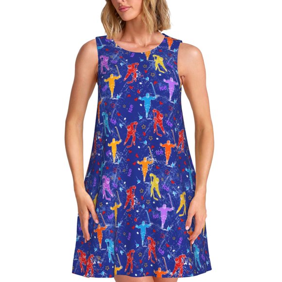 Fotbe Ice Hockey Players With Puck Vestido de Verano sin Mangas para Mujer – Vestido Midi Línea A, Estilo Camiseta Floral, Vestido Playero Casual y Fluido