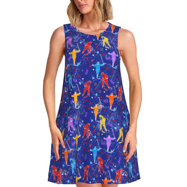 Fotbe Ice Hockey Players With Puck Vestido de Verano sin Mangas para Mujer – Vestido Midi Línea A, Estilo Camiseta Floral, Vestido Playero Casual y Fluido
