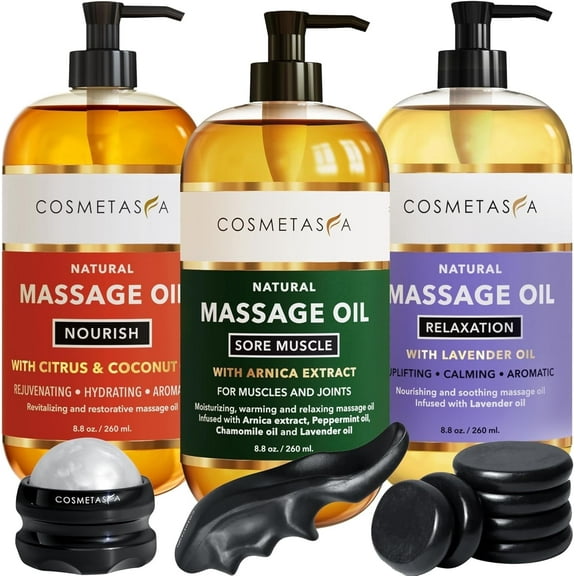 Cosmetasa 6-Piece Massage Oil Luxury Spa Treatment Gift Set with Hot Stones, Massage Ball, and Thumb Saver