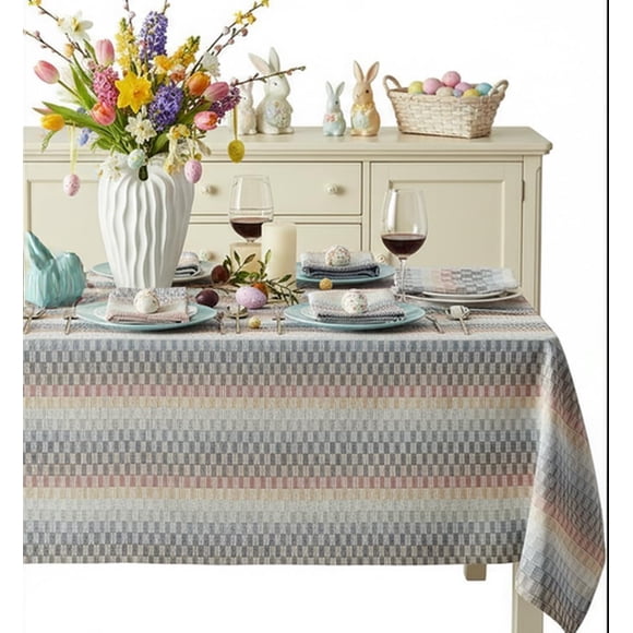 Home Bargains Plus Chester Blue, Terracotta, and Taupe Woven Spring and Easter Fabric Tablecloth, 60 x 84 Inch Rectangle, Geometric Multicolor Striped Cotton-Blend Easy Care Table Cover
