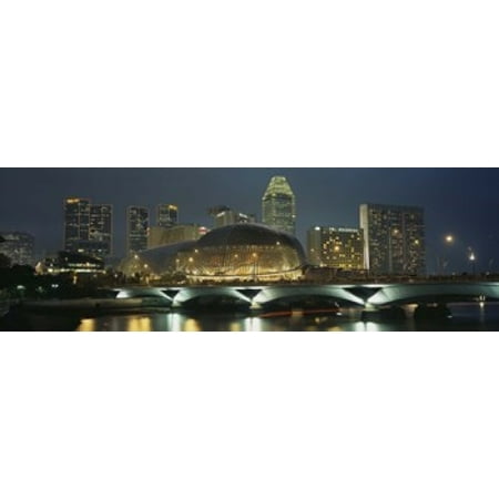 Buildings lit up at night Esplanade Bridge Esplanade Drive Singapore Canvas Art - Panoramic Images (18 x (Best Image In Esplanade Mall)