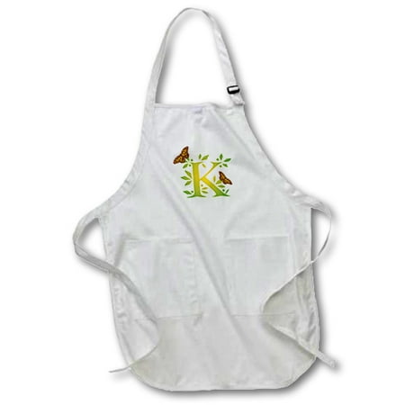 

3dRose Monogram Initial K in Leafy Green and Yellow with Butterflies - Full Length Apron 24 by 30-inch White With Pockets