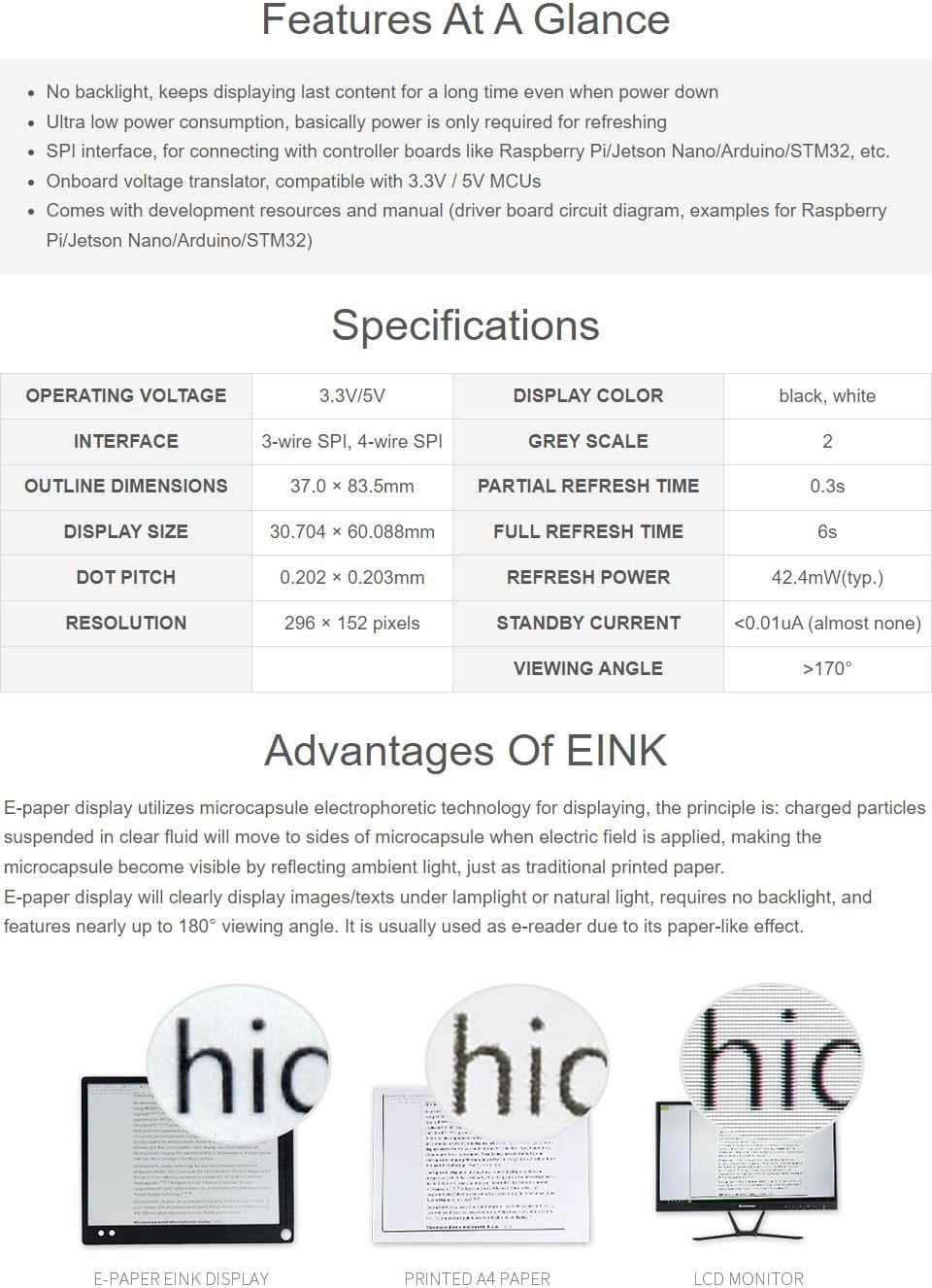 2.66inch E-Paper E-Ink Display Module Compatible with 4B/3B+/3B/2B/B+/A+/Zero/Zero W/WH/Zero 2W 296×152 Pixels Black/White Dual-Color SPI Interface Supports Partial Refresh