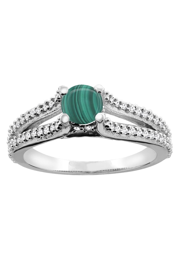 14K White Gold Natural Malachite Engagement Split Shank Ring Round 5mm Diamond Accents, size 5