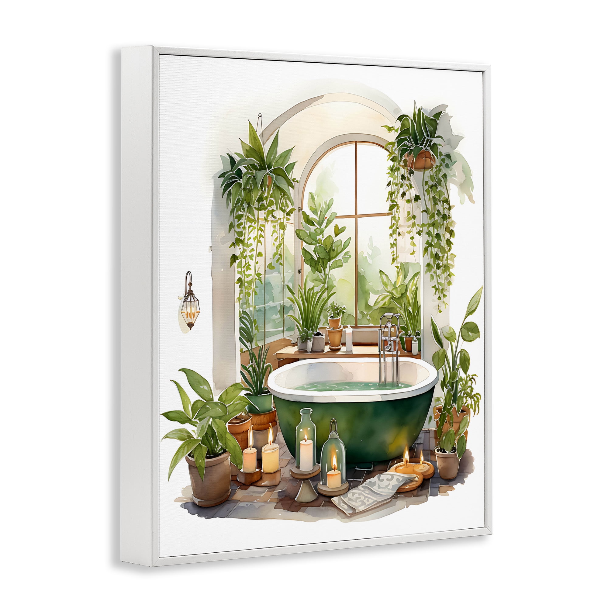 Tranquil Tub with Candles & Greenery White Framed Giclee Art, design by Lettered and Lined