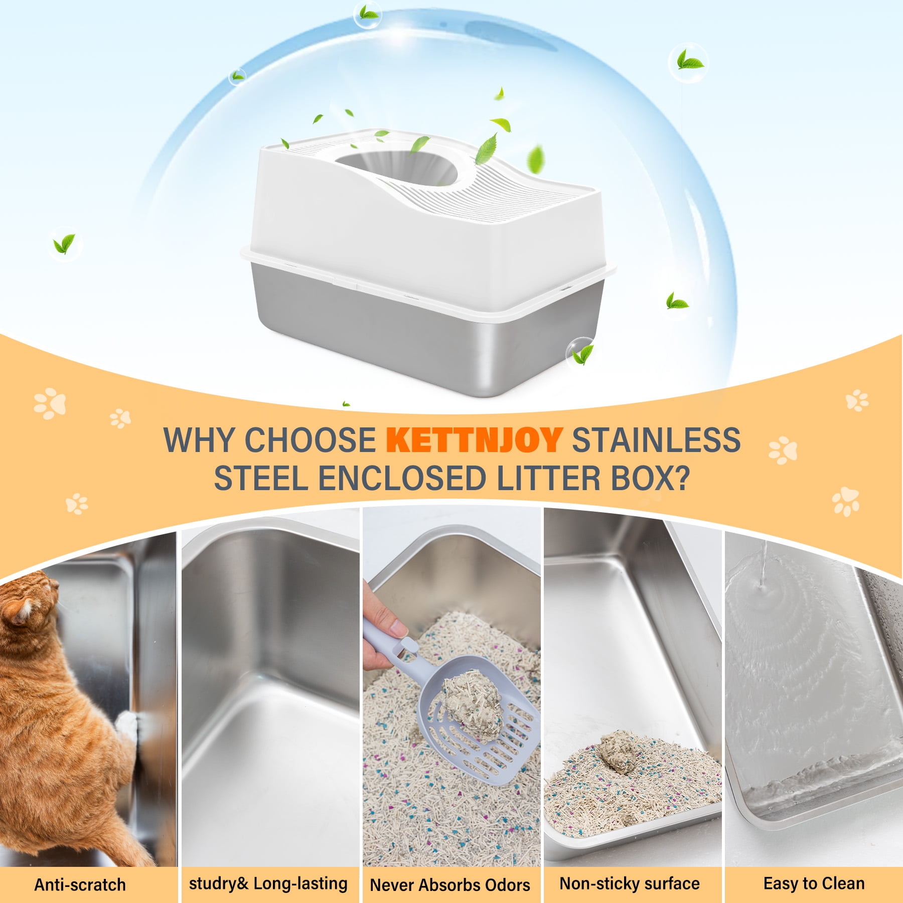 Kettnjoy Top Entry Cat Litter Box with Lid, Stainless Steel XL Enclosed Cat Kitty Litterbox, Extra Large Metal High Side Litter Pan Tray Box Enclosure Easy Cleaning Anti-Leakage, White