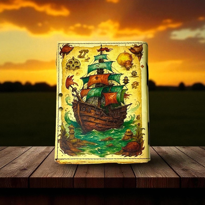 Handmade Leather Journal with Vintage Ship Artwork – 5x7 Inch Writing Notebook, 200 Handmade Deckle Pages, Antique-Style Lock, Travel Diary & Gift