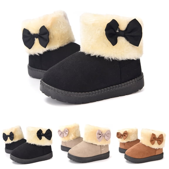 Dakaela 1-10Y Girls Winter Boots Suede Warm Plush Fashion Mid Calf Booties Bow Fleece Lined Outdoor Snow Boot for Little Big Kid Beige