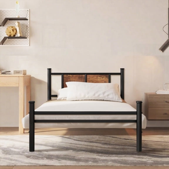 Twin Bed Frame Incorporating Wood & Metal, Sturdy for Any Person & Mattress, Easy Assembly Process