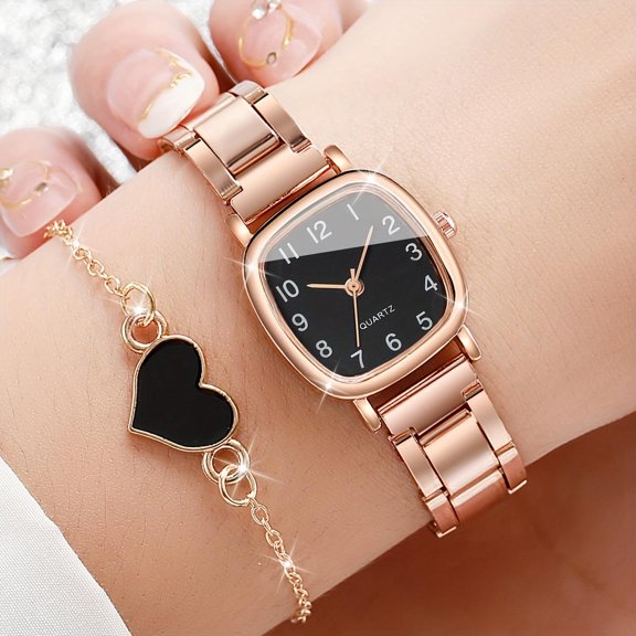 Women’s Stylish Minimalist Square Dial Quartz Watch with Heart Bracelet (2 pcs/set), watch box not included