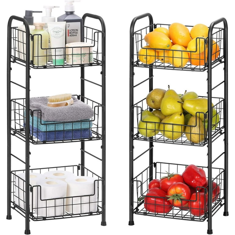 3-Tier Freestanding Shelf, Storage Organizer Shelf Basket Black, 2 Pack