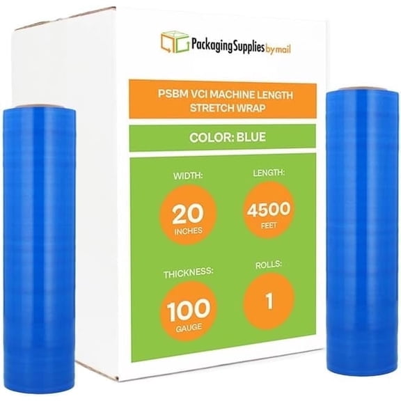 PSBM VCI Machine Stretch Film 20" x 4500' 1 Roll 100 Gauge Blue Plastic Shrink Film Blocks Out Moisture and Prevents Rust Corrosion