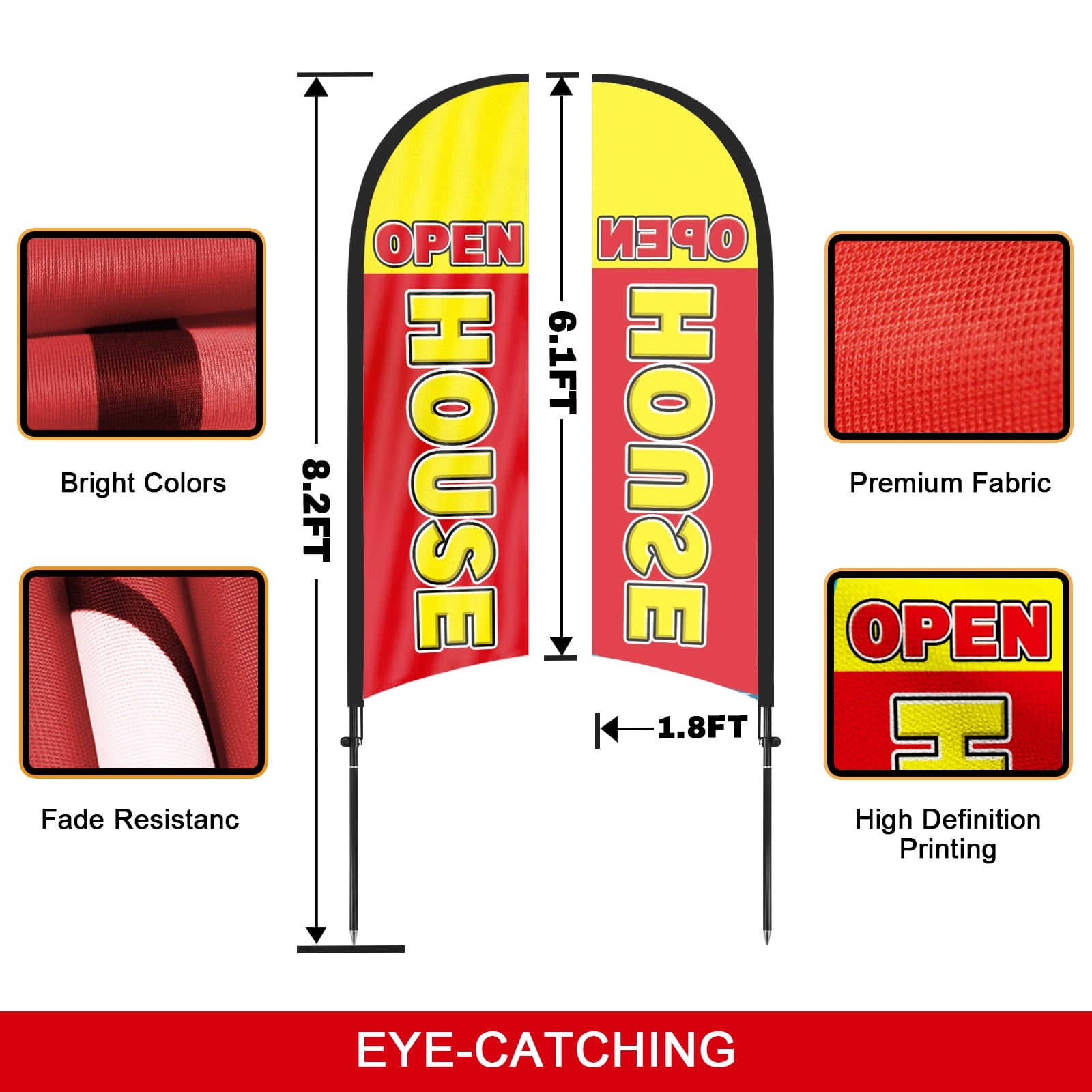 QSUM Open House Sign Feather Flag with Pole Kit,8FT Open House Decoration Display, Open House Business Sign,Open House Swooper Flag(YELLOW&RED)