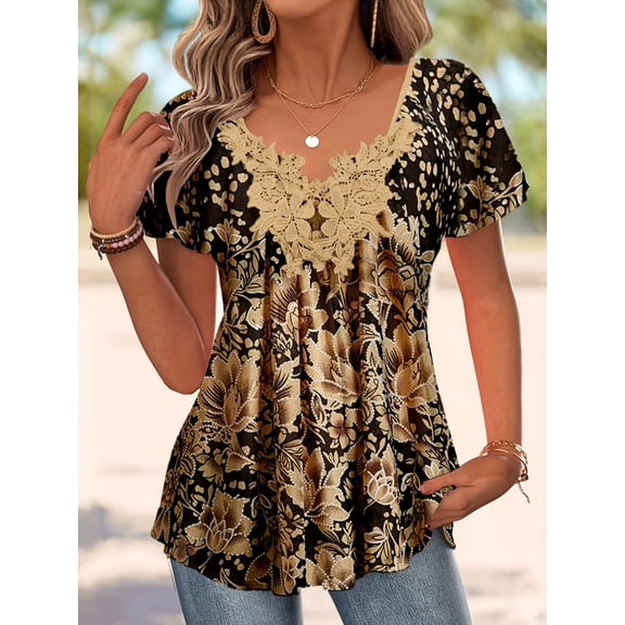 Nyfairy Plus Size Women's Short Sleeve Blouse Casual V Neck Lace Trim Floral Print Ruffled Loose Fit Tunic Top