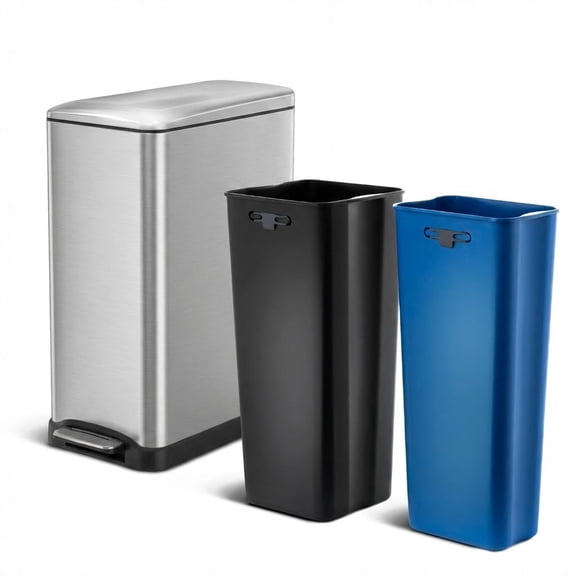 Home Zone Living 13 Gallon Slim Dual Compartment Kitchen Trash Can with Step Pedal and Soft-Close Lid, Stainless Steel, Silver
