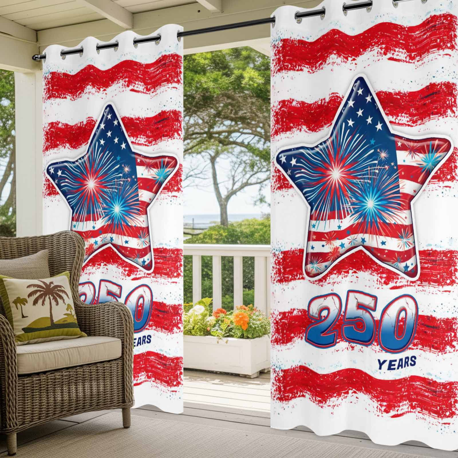 250 Anniversary Outdoor Curtains for Patio, American Flag Fireworks Star Red Strip Sunshade Privacy Drapes Grommet Waterproof Outside Curtains for Porch/Cabana/Balcony 54"x 108", 1 Panel