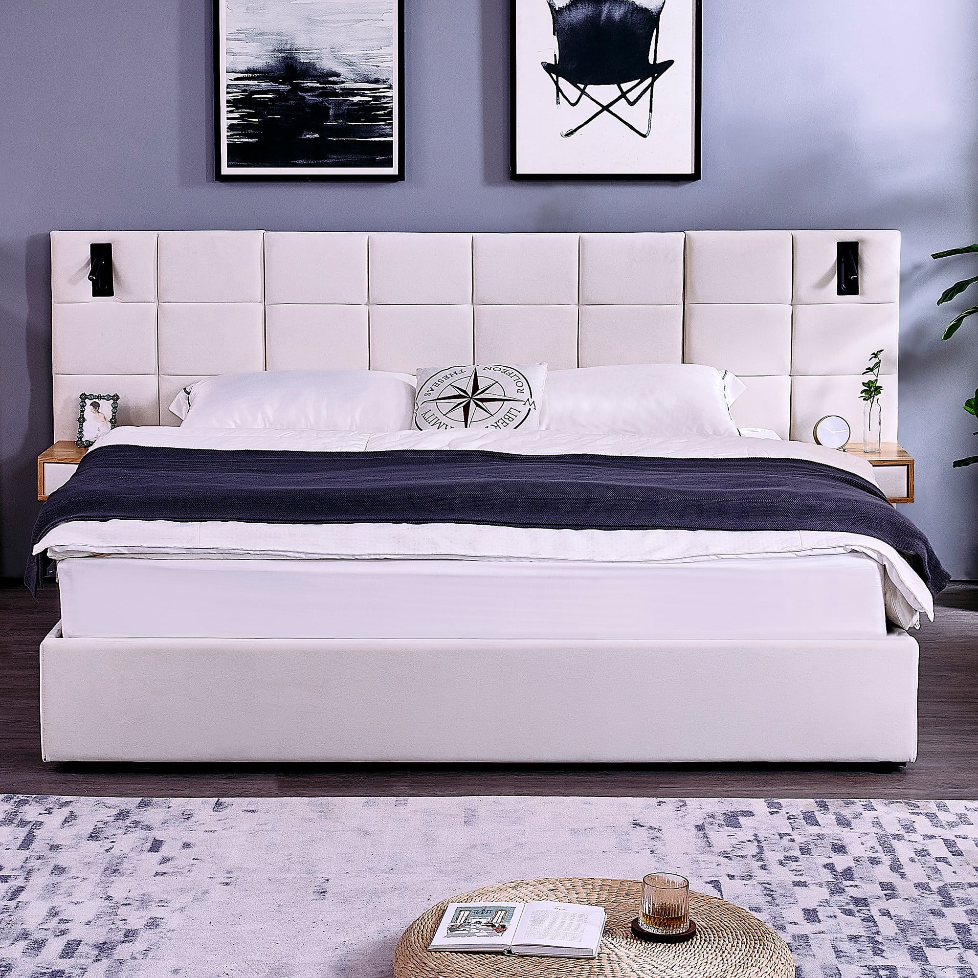Aukfa King Size Upholstered Bed Frame with Drawers and LED Lights, Hydraulic Platform Bed with USB Port & Oversize Wingback Headboard, Beige