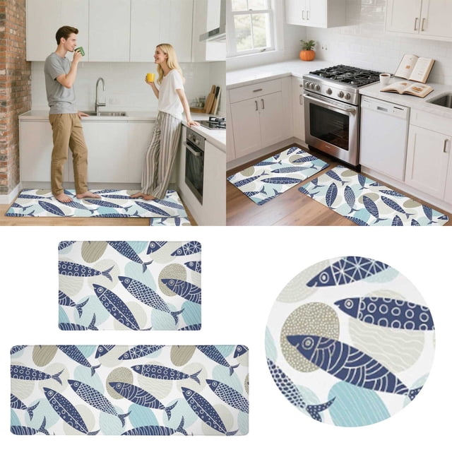 Kitchen Carpet Cartoon Fish Print Cushioned Non- Washable Set Decorative and Comfortable Area Rug for Living Room Kitchen and Entrance 2PCS