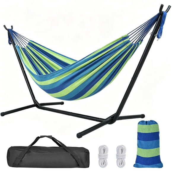 2 Person Hammock with 9ft Stand Included, Space Saving Heavy-Duty Hammock Stand with Adjustable Height for Indoor Outdoor Patio, 440 Lbs Capacity