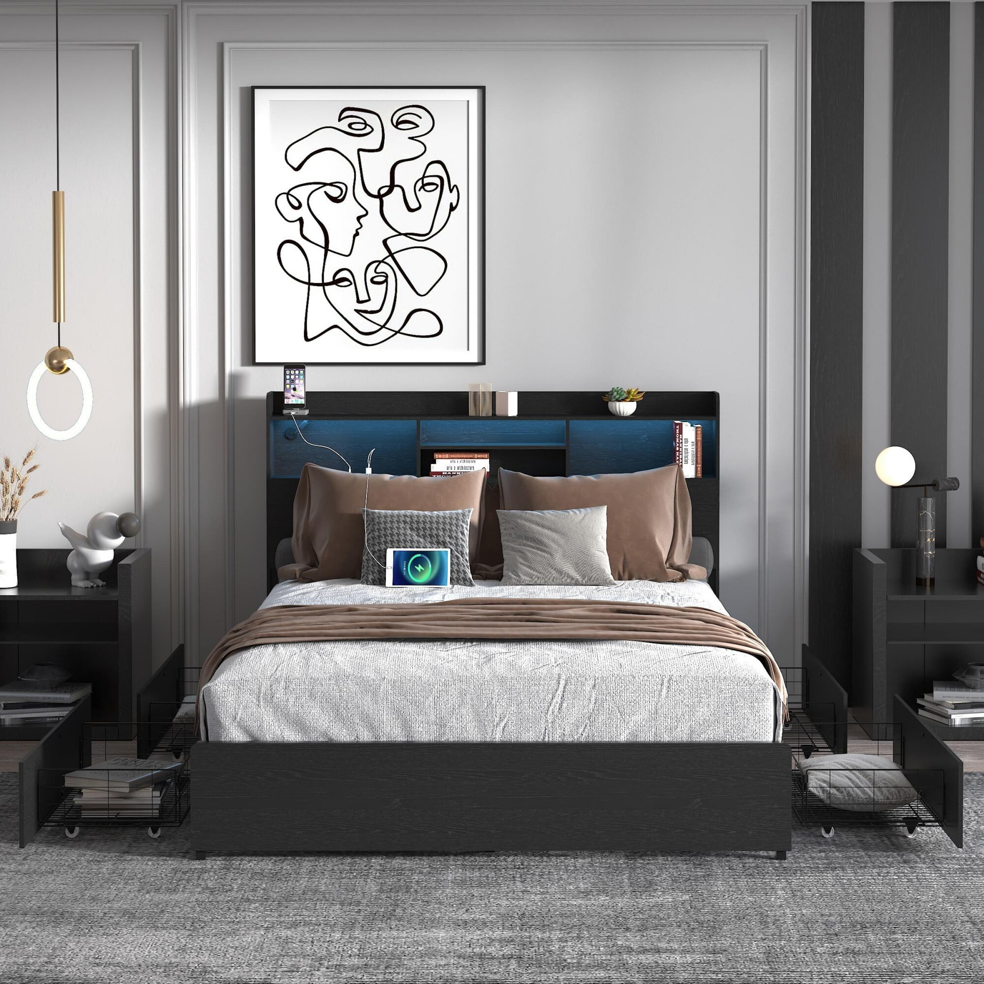 AENKYO Full Size Bed Frame with 4 Storage Drawers & LED Lights - Storage Headboard with Charging, Noise-Free, Black