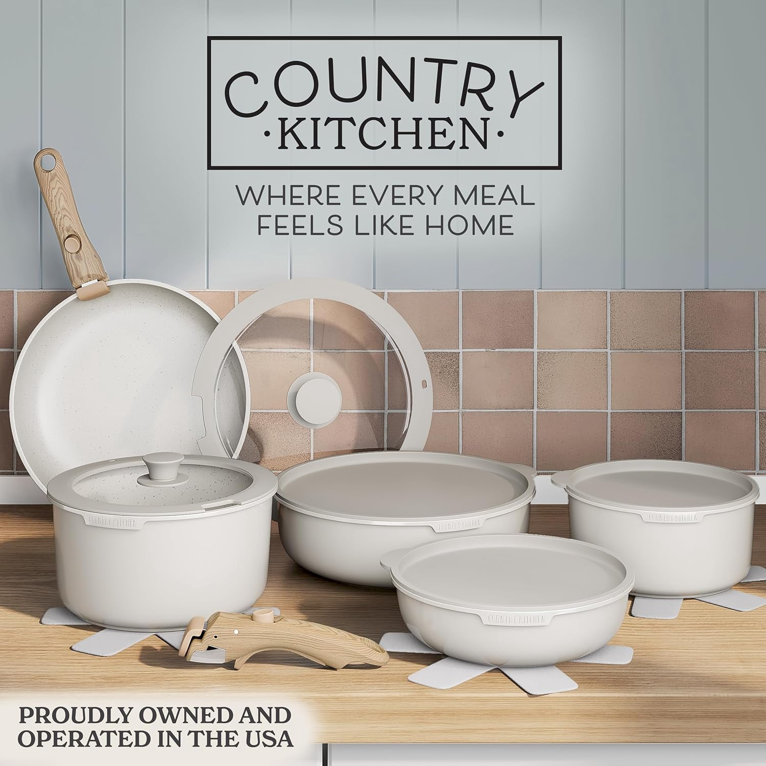 Country Kitchen Pots and Pans Cookware Set, 16-Piece, Ceramic Coated, Removable Handle, Cream