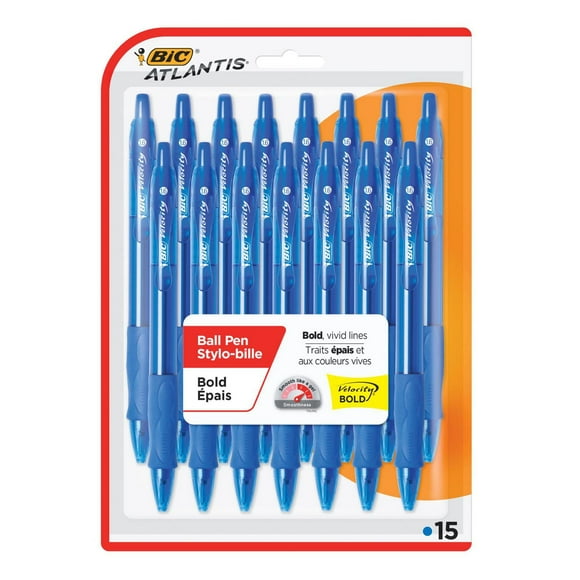Stylo à bille rétractable BIC Velocity, pointe moyenne, encre bleue, 15 unités, prise profilée pour plus de confort et de contrôle