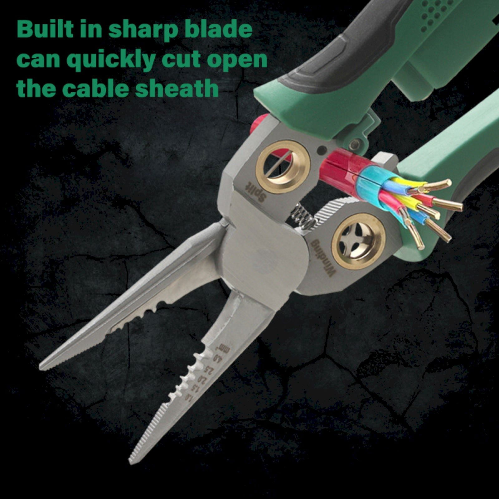 8 In 1 Wire Stripper with Voltage Tester Multi Function Cable Cutters - Pliers Crimper Splitter, Hardened Steel Blades, Cuts & Strips 10-18 AWG Wires, Compact Design, Green, 1 PCS