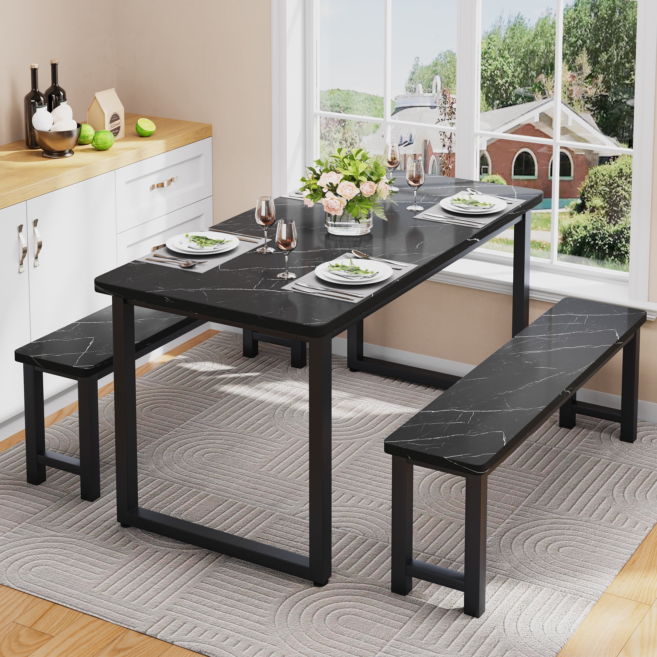 PAPROOS Dining Table Set for 4, 3-Piece Kitchen Table Set with 2 Benches, Dining Room Table Set with Metal Frame, Breakfast Nook Furniture Set for Home Cafeteria Bar Dining Room, Black