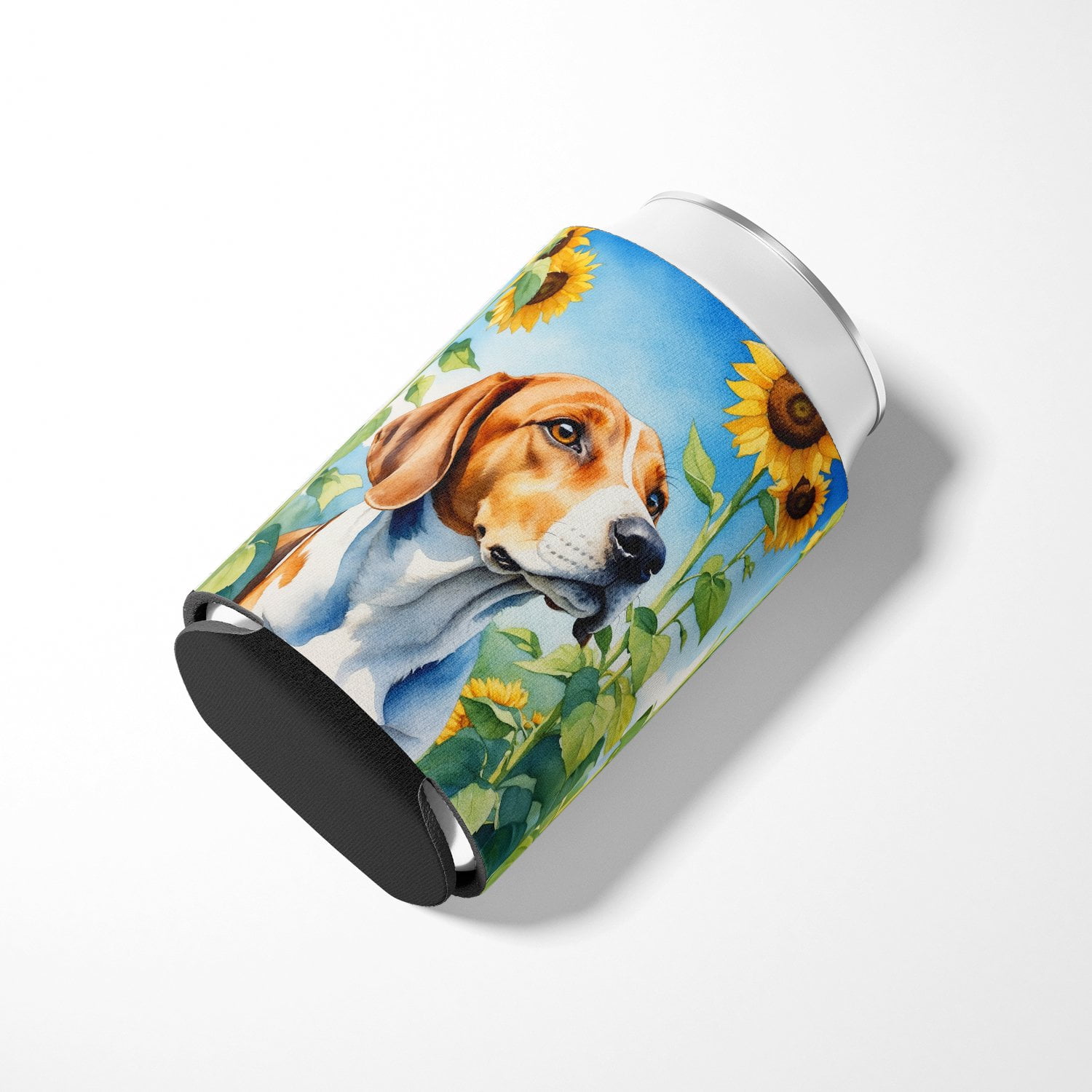 English Foxhound in Sunflowers Can or Bottle Hugger 3 in x 5 in