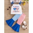 thumbnail image 3 of Suagox Baby Girls Summer 2 Piece Outfits, Letter Print Sleeveless Tie-Up Tops + Elastic Waist Checkerboard Flare Pants Toddler Set for 0-24 Months And 2-3 Years Old Baby, 3 of 10