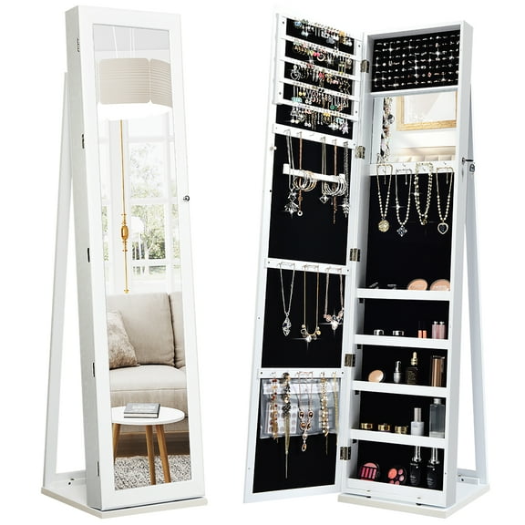 Costway Mirrored Jewelry Cabinet Lockable Standing Storage Organizer with Shelf White