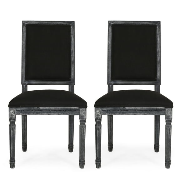 Set of 2 French Country Dining Chairs in Black Fabric & Rubberwood, Weathered Finish, 20"W x 22.5"D x 39.5"H, Elegant & Comfortable Seating
