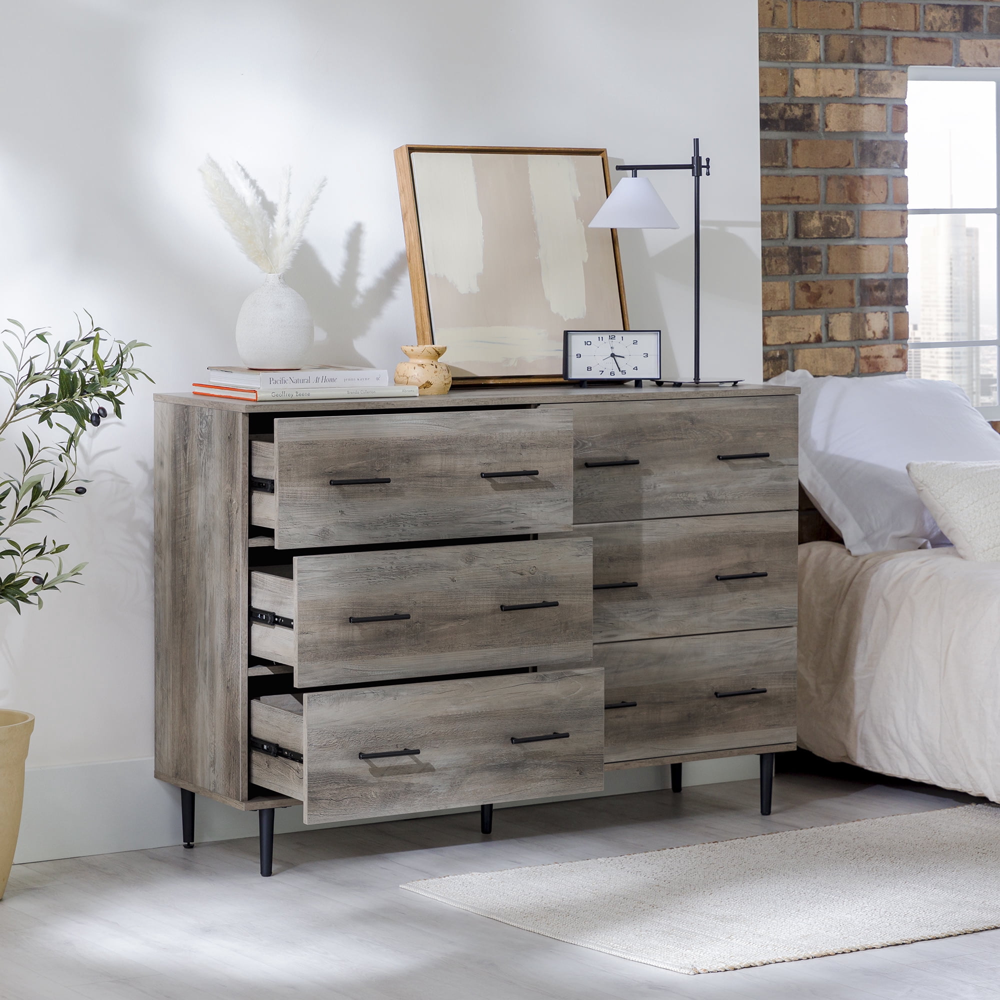 Walker Edison Modern Rustic Wood 6-Drawer Grey Wash Storage Console