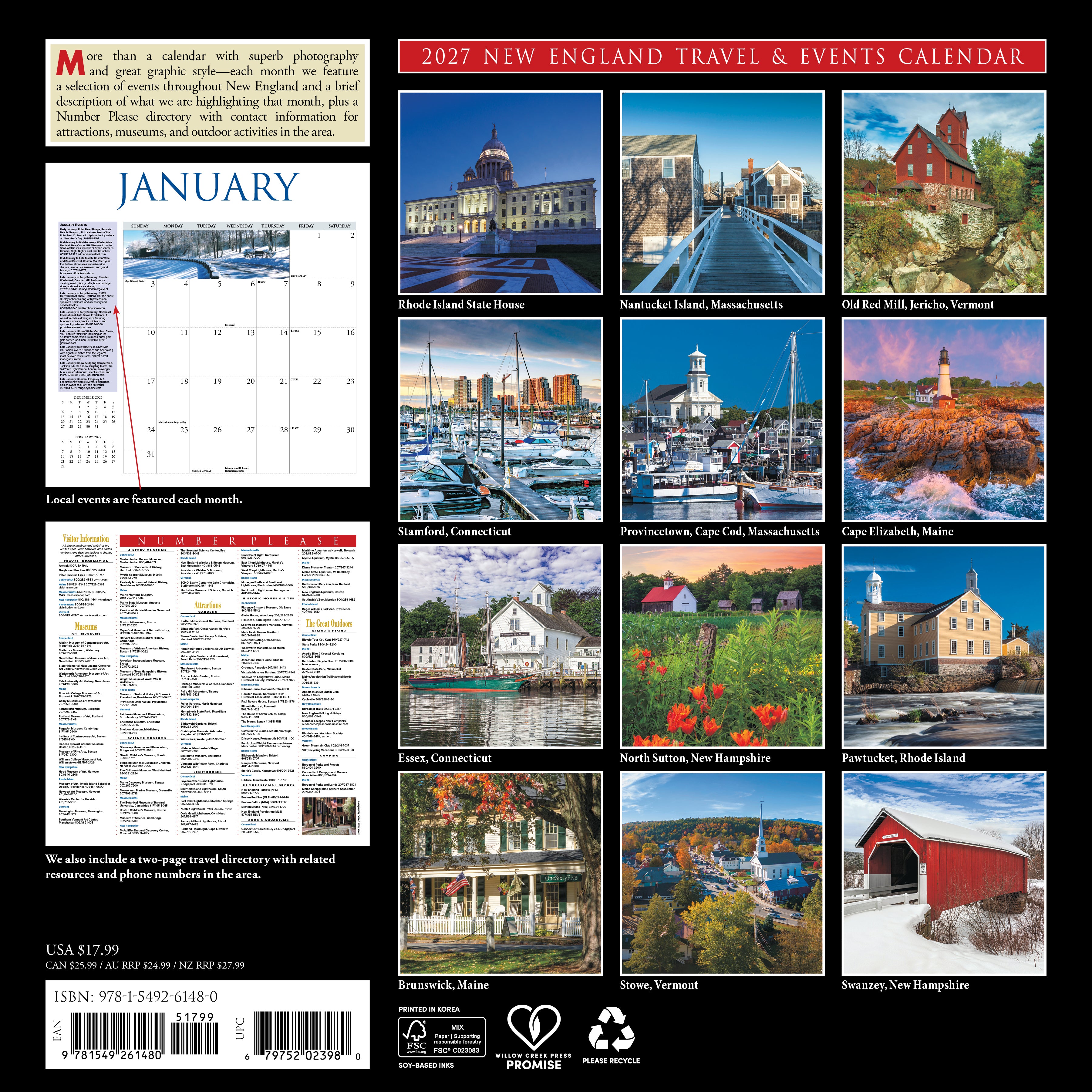 Willow Creek Press, New England 2027 Wall Calendar
