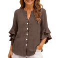 thumbnail image 2 of Only Moment Womens Tops Long Sleeve V Neck Ruffle Sleeves Cotton and Linen/Wash Water Wrinkled Cloth with Oversized Collar Slim Fit Blouse Elegant Stand Out Lapel Top Brown,XL, 2 of 9