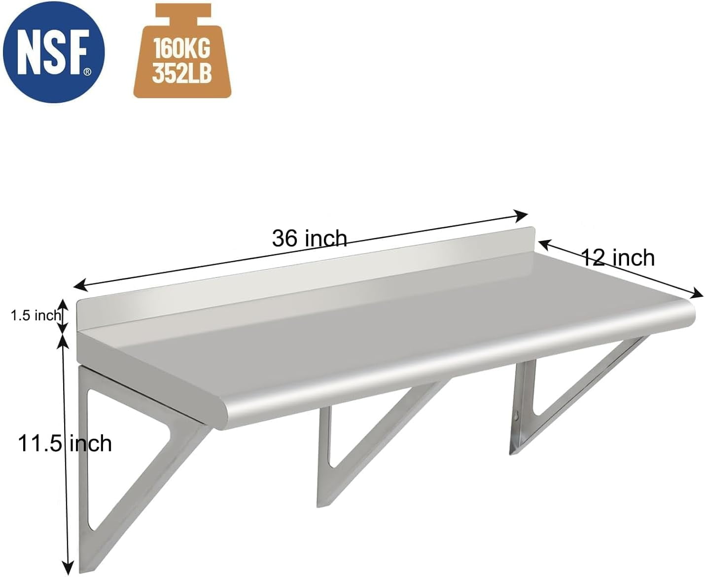 ChaoLink NSF Commercial 36-inch Stainless Steel Wall-Mounted Shelf with Backsplash and Two Brackets