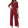 thumbnail image 2 of Women'S Asymmetric Hem Pants Set Elegant Fashion Casual Button Sleeve Shirt Loose Two Piece Outfit Wine Red 4XL, 2 of 7
