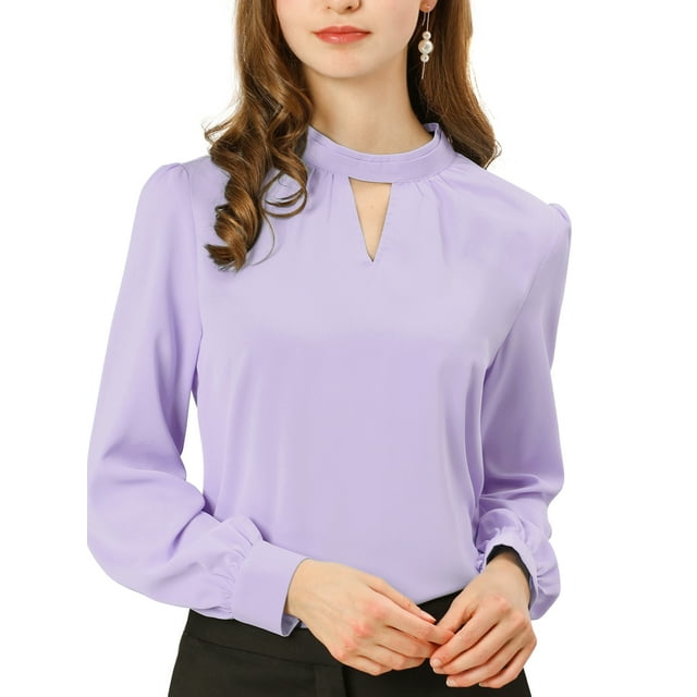 INSPIRE CHIC Women's Keyhole Stand Collar Pleated Back Button Blouse Tops