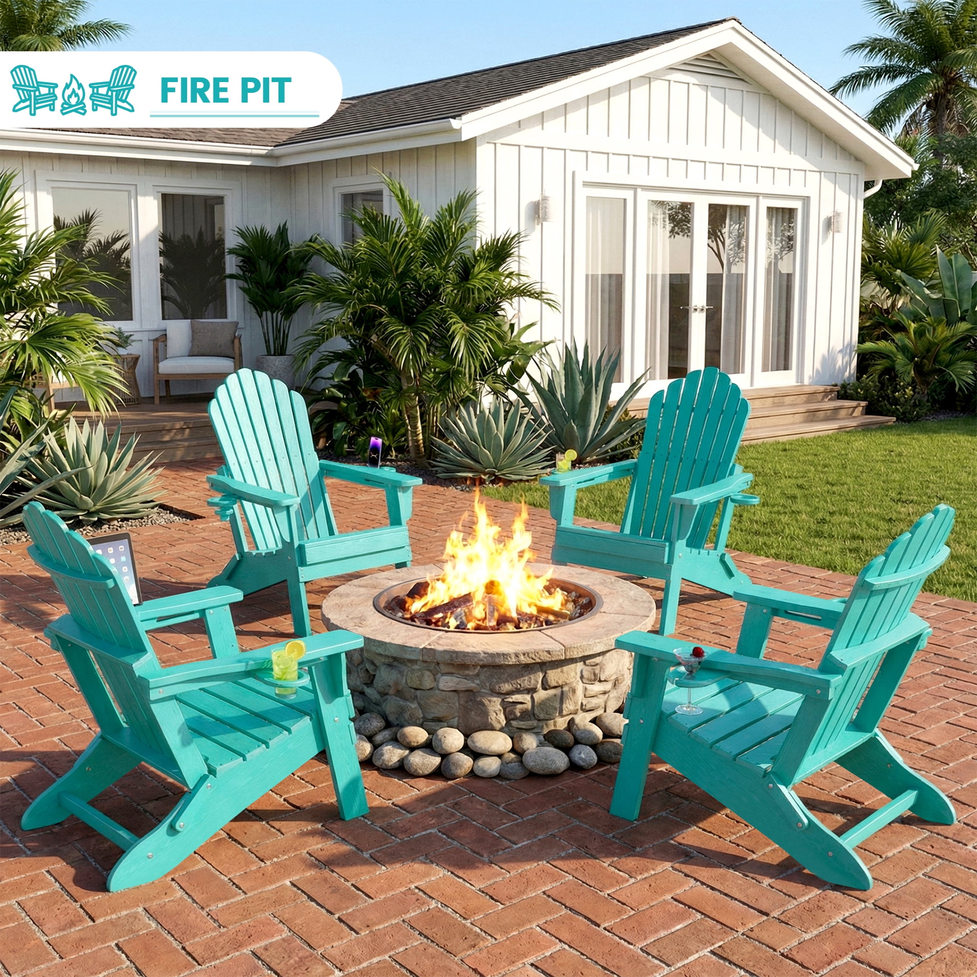 Cobiod Adirondack Chair, Foldable Lawn Chair with Dual Cup Holders, Weather Resistant High Back for Patio, Garden, Beach, Aruba