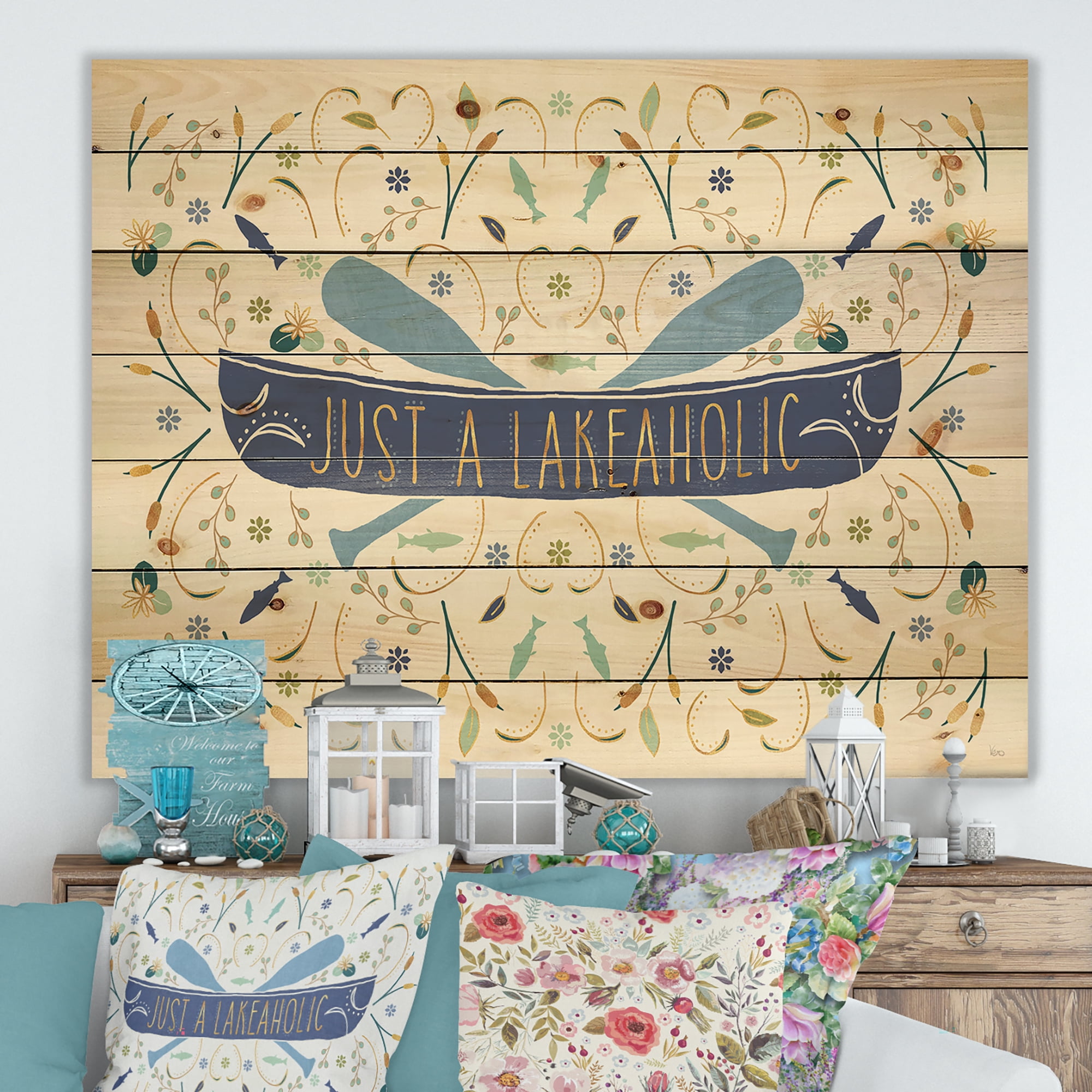 Designart 'Just a Lakeaholic Nautical Shapes' Lake House Print on Natural Pine Wood