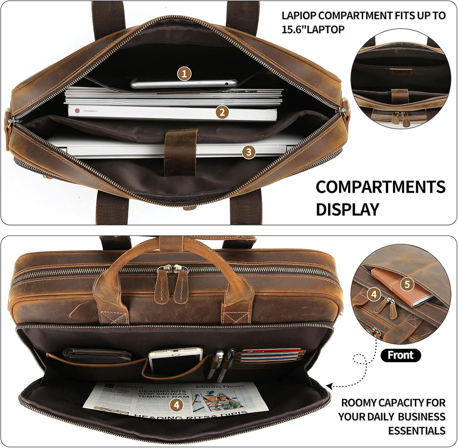 Full Grain Leather Briefcase for Men, Business Messenger Bag Laptop Bag Attache Case, Fits 15.6 Inch Laptop