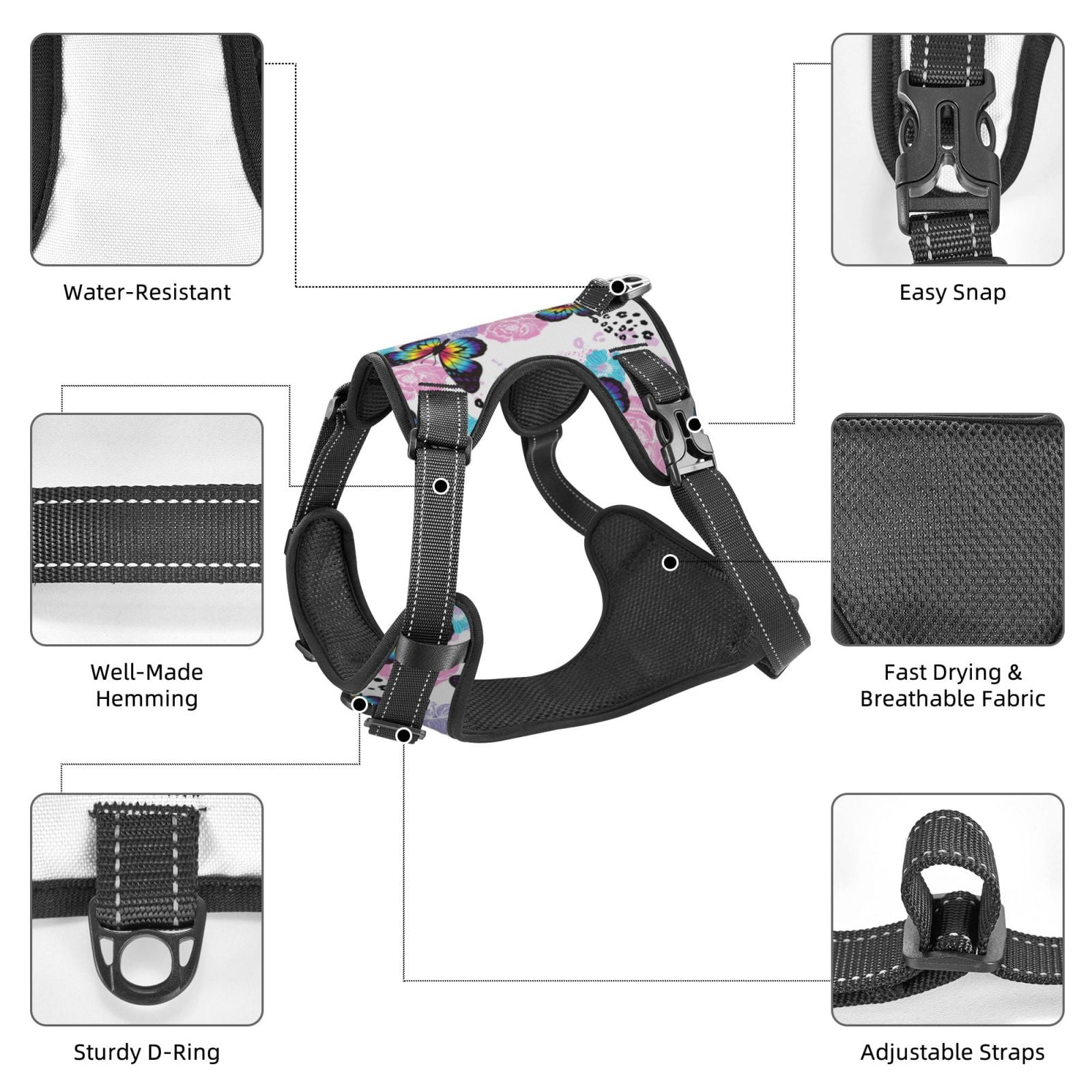 Vsdgher Bright Butterflies1 Pattern Dog Harness,No Pull Pet Harness with Soft Padded Handle,Adjustable Reflective Vest with 2 Buckles,4 Slide Buckles,S-XL X-Large