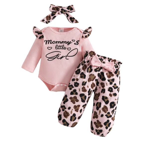 Toddler Girl Outfit Valentine's Day Heart Letter Print Short Sleeve Bodysuit with Leopard Print Pants Baby Kids Two Piece Set Red 9 Months-12 Months