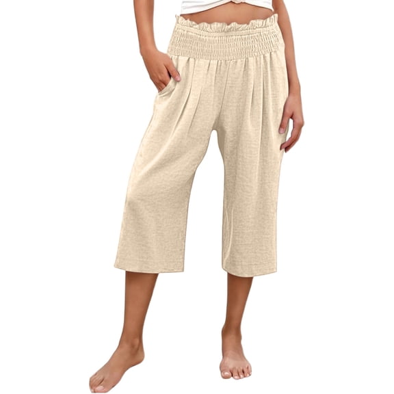 Audhol Womens Capri Pants, High Waisted Pants for Women Wide Leg Linen Pant Casual Summer Beach Cropped Trousers with Pockets Capris for Women Beige L