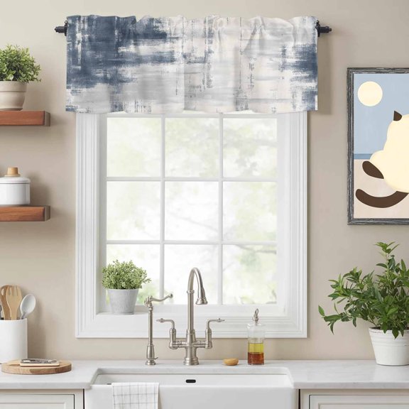 Abstract Gray Blue Ombre Valances for Windows,Kitchen Valance Rod Pocket Short Curtain, Retro Gradient Oil Painting Art Valance Curtain Window Valances for Bedroom Bathroom Living Room 54x18in