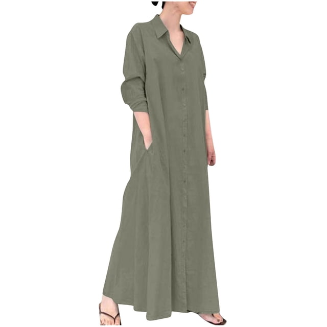 AherBiu Robe Boutonnée pour Femme, Col à Revers, Col en V, Manches Longues, Tenue de Bureau Décontractée, Maxi, avec Poches