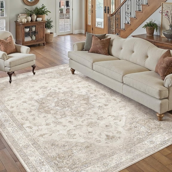 Beige 6 Foot by 9 Foot Washable Low Pile Vintage Oriental Medallion Area Rug